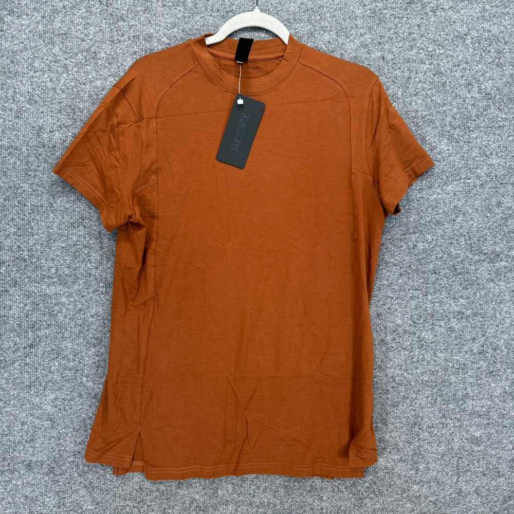 Alphalete Short Sleeve Shirt Mens Medium Orange Stepped Hem Gym Training NEW